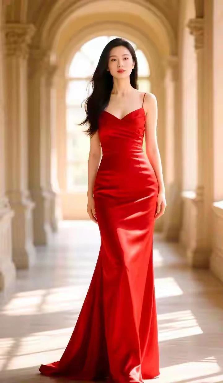 腰细腿长容颜美，丰姿身材韵如梅。江南雨巷红伞举，黛瓦红墙碧水长。