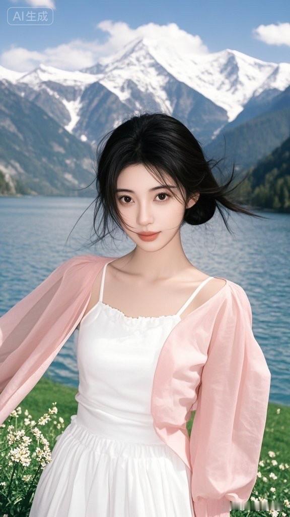 少女与雪山湖畔的浪漫邂逅