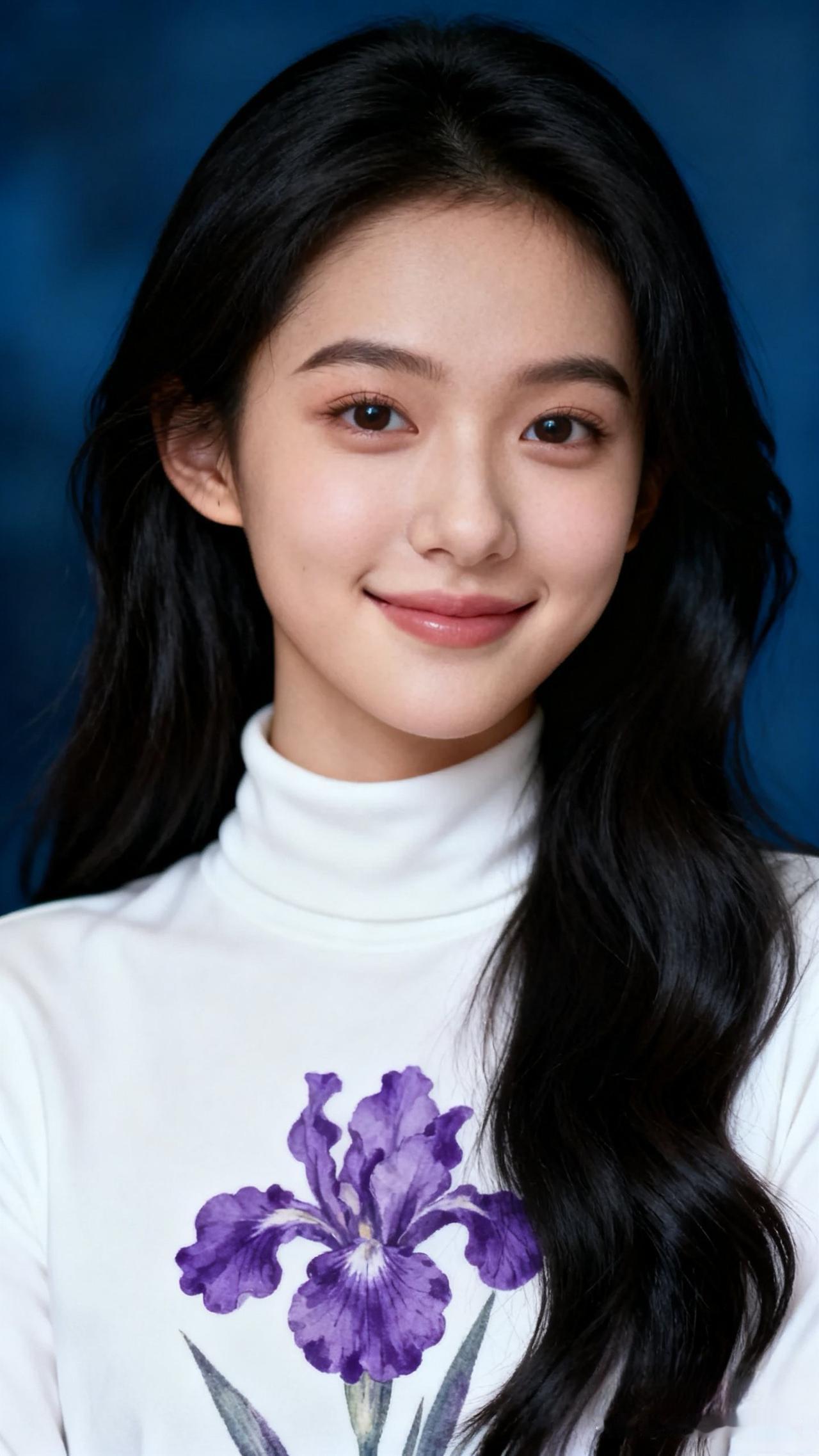 温柔甜美的少女，紫色花朵点缀的白色毛衣，微笑中散发着温暖。温柔粉色毛衣淡淡的粉
