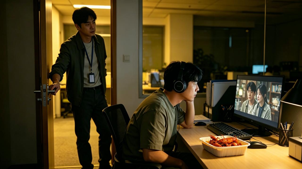 公司新来一个同事，每天最早到，最晚走。大家都说他真拼。小张这天忘带钥匙，深夜折