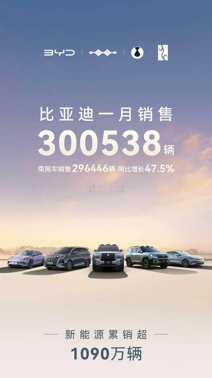 2025年，三大头部自主品牌，开局即冲锋！比亚迪，1月销量300538辆，同比