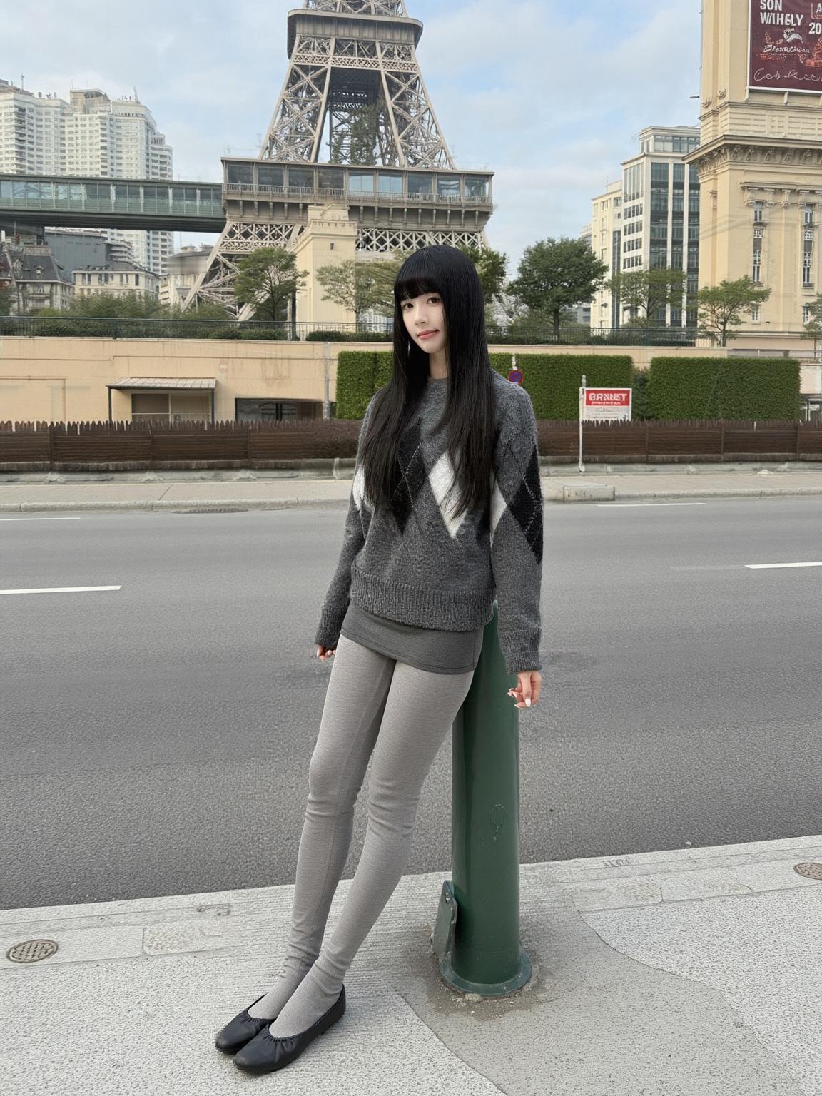 软糯毛衣+紧身裤保暖还显瘦|||灰调菱格毛衣是那种毛茸茸的质感，宽宽松松裹在