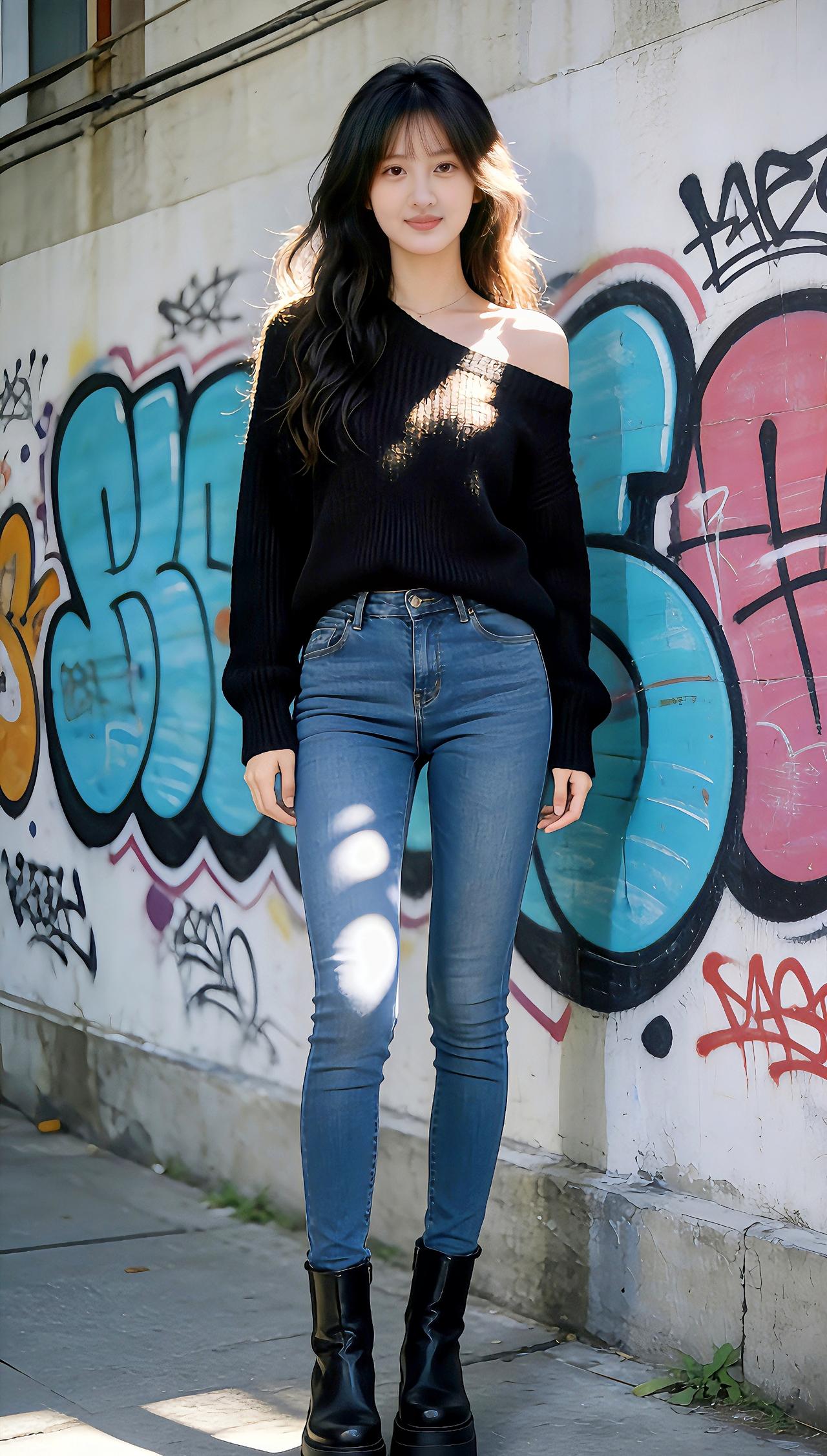都市街头风穿搭，黑毛衣+牛仔裤，酷炫有型！👗👖👢