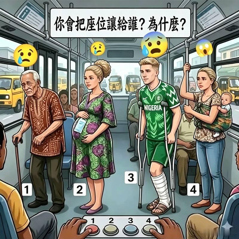 假如你坐公交车时，遇到了这四个人，你会把座位让给谁？为什么？