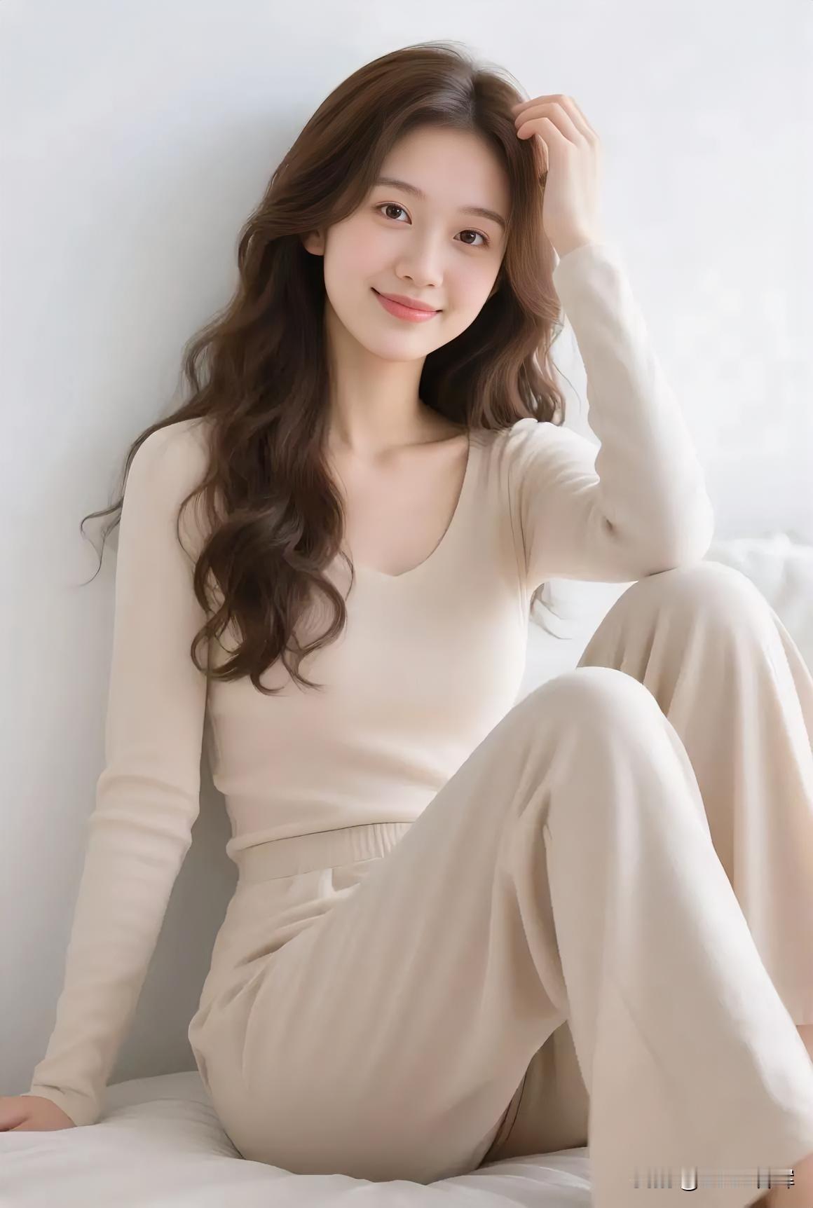 米色柔衣，卷发温婉，浅笑治愈气质。