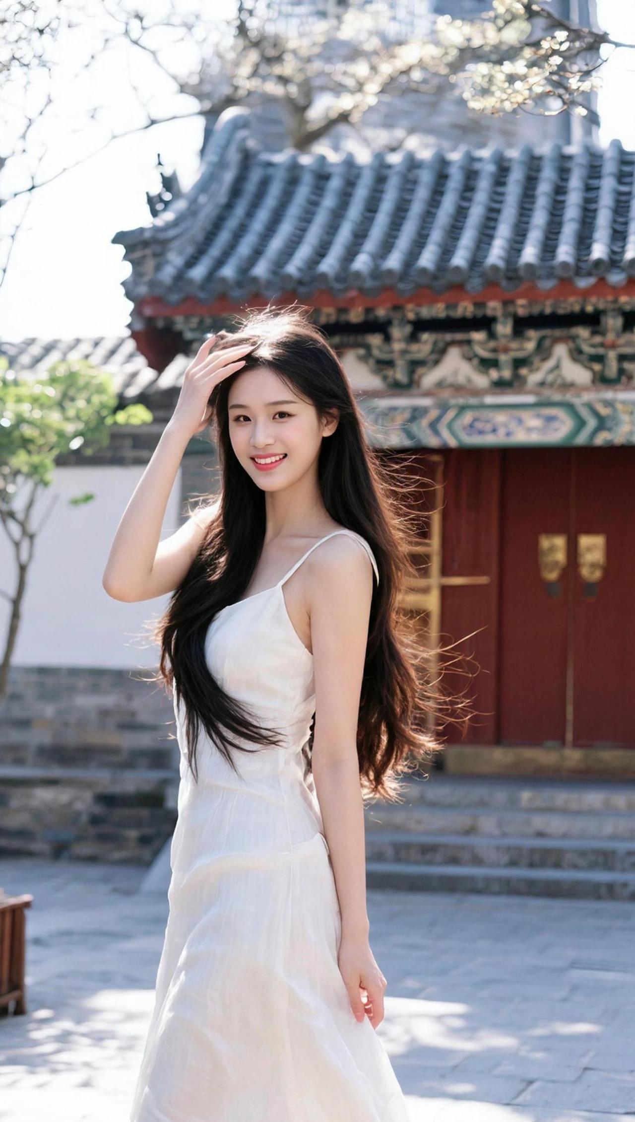 、春日的暖阳洒在古老的庭院中，一位女孩静静伫立，仿佛与时光融为一体。她身着素雅的