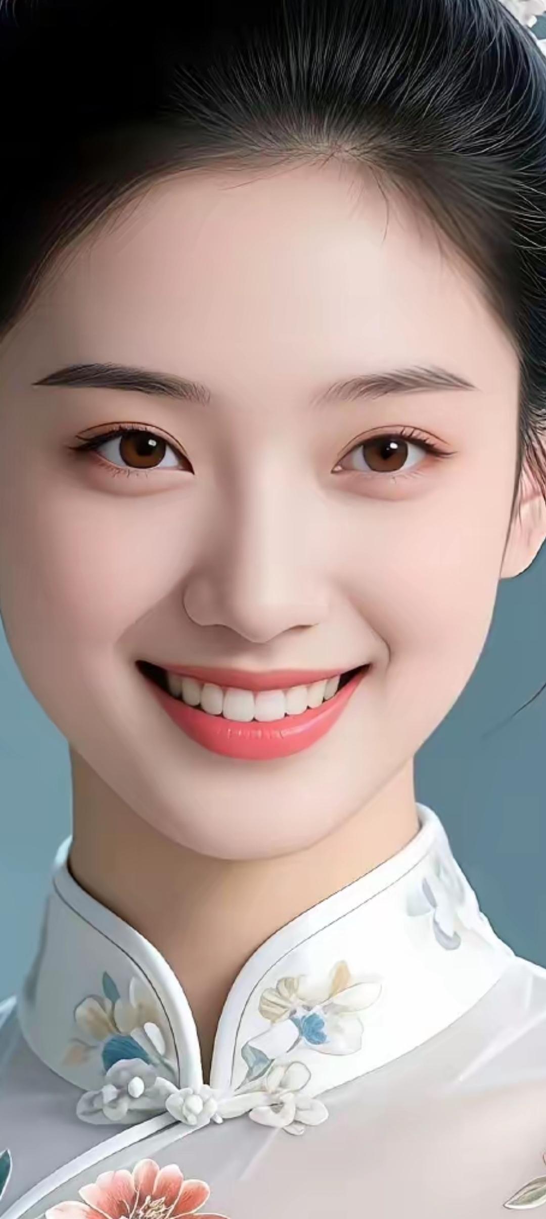 微笑的少女，穿着精美的旗袍，散发着古典优雅的魅力。