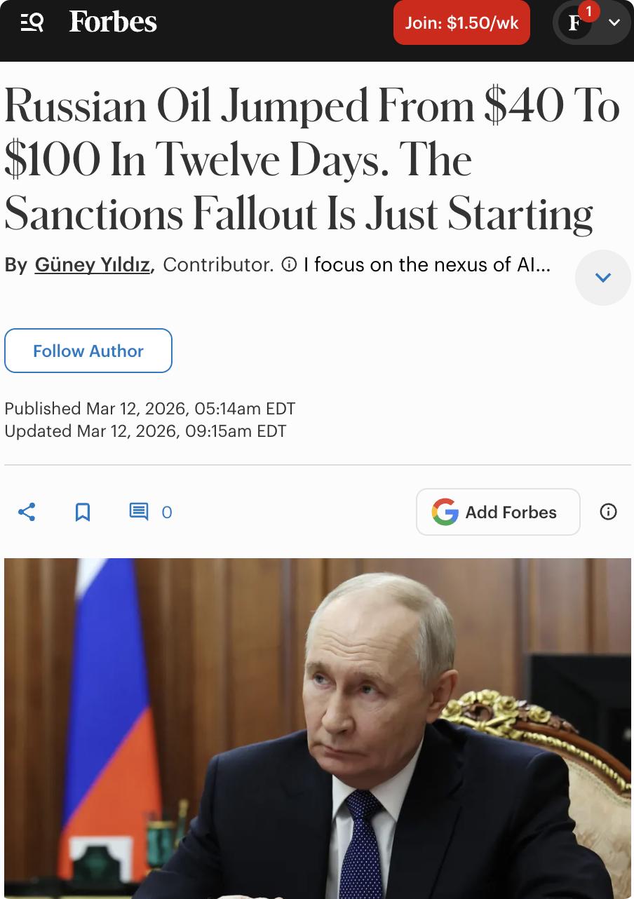 美媒：受美以打击伊朗导致霍尔木兹海峡关闭推动，俄罗斯乌拉尔原油价格在12天内从每