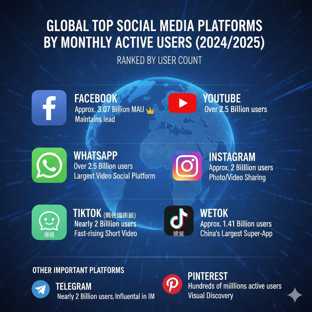 按全球月活跃用户数量排名，Facebook长期稳居榜首，紧随其后的是YouT