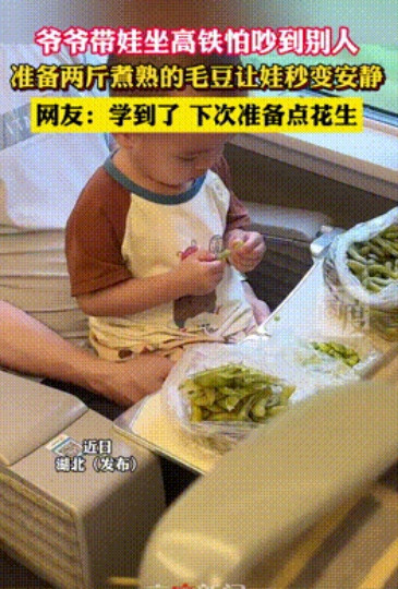 在湖北，一位爷爷带孙子坐高铁，担心孩子在车上吵闹打扰别人，他灵机一动，带了两斤毛