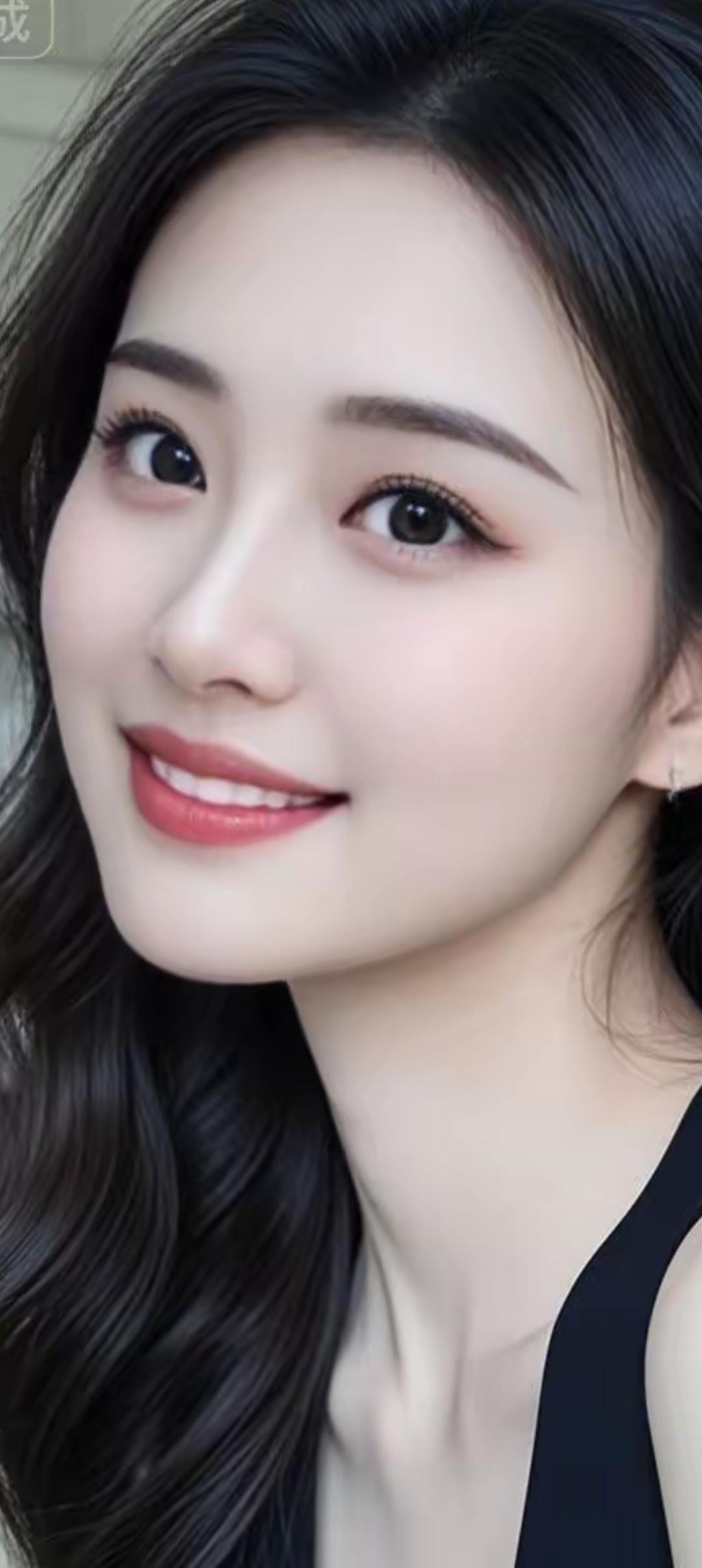 温柔微笑，自然妆容，黑发飘逸，甜美动人。