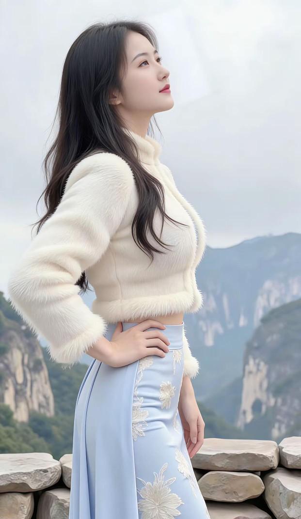 毛绒白色小外套配一件印花浅蓝色的旗袍裙，清澈甜美的五官，即清纯唯美又可爱动人。毛