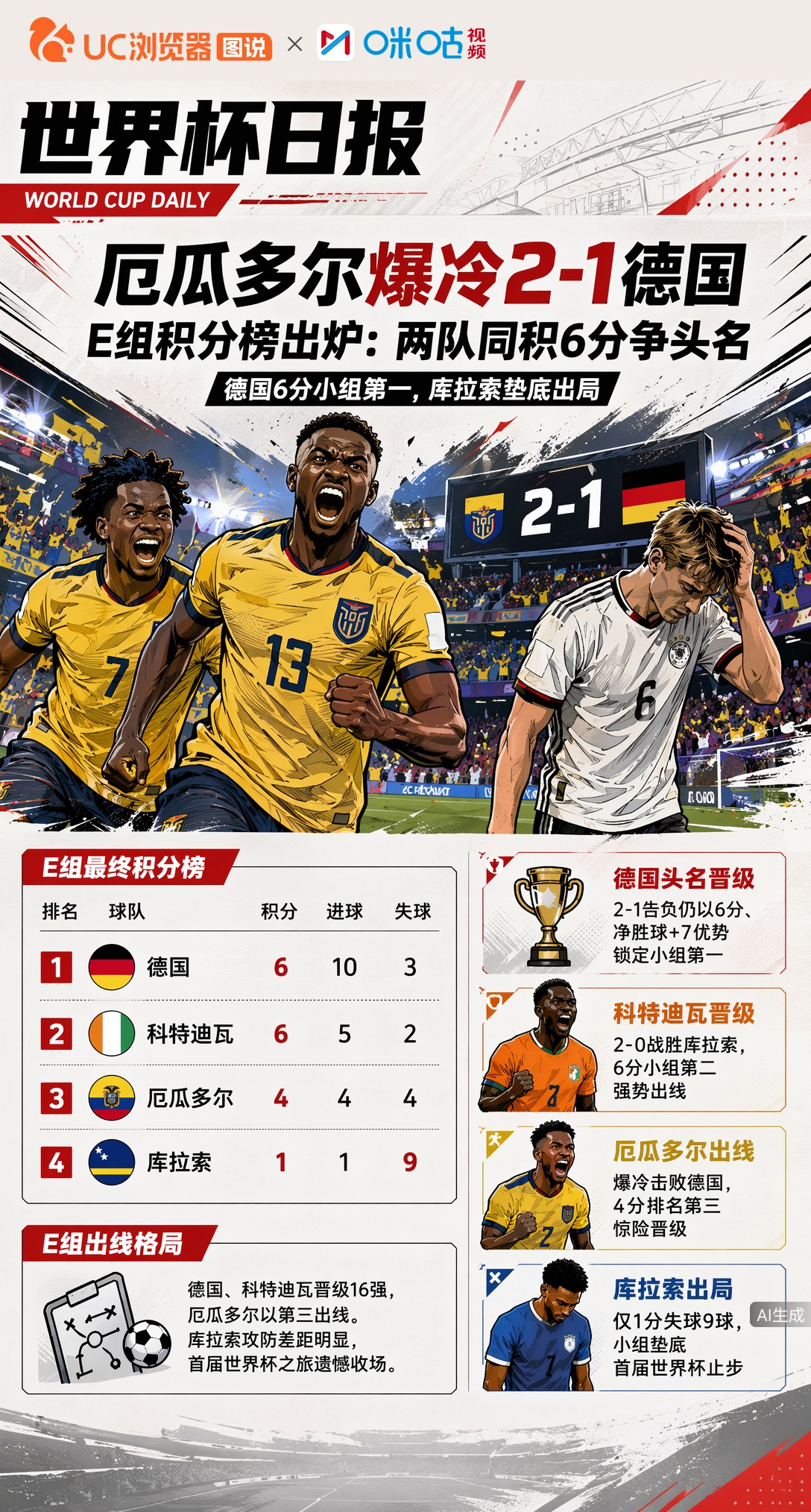 厄瓜多尔爆冷2-1德国，E组积分榜出炉：两队同积6分争头名
