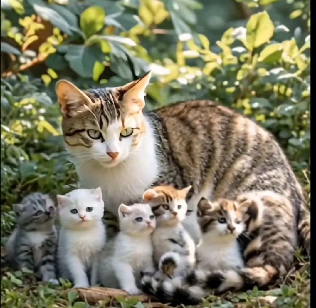 绿化带里的流浪猫一家子