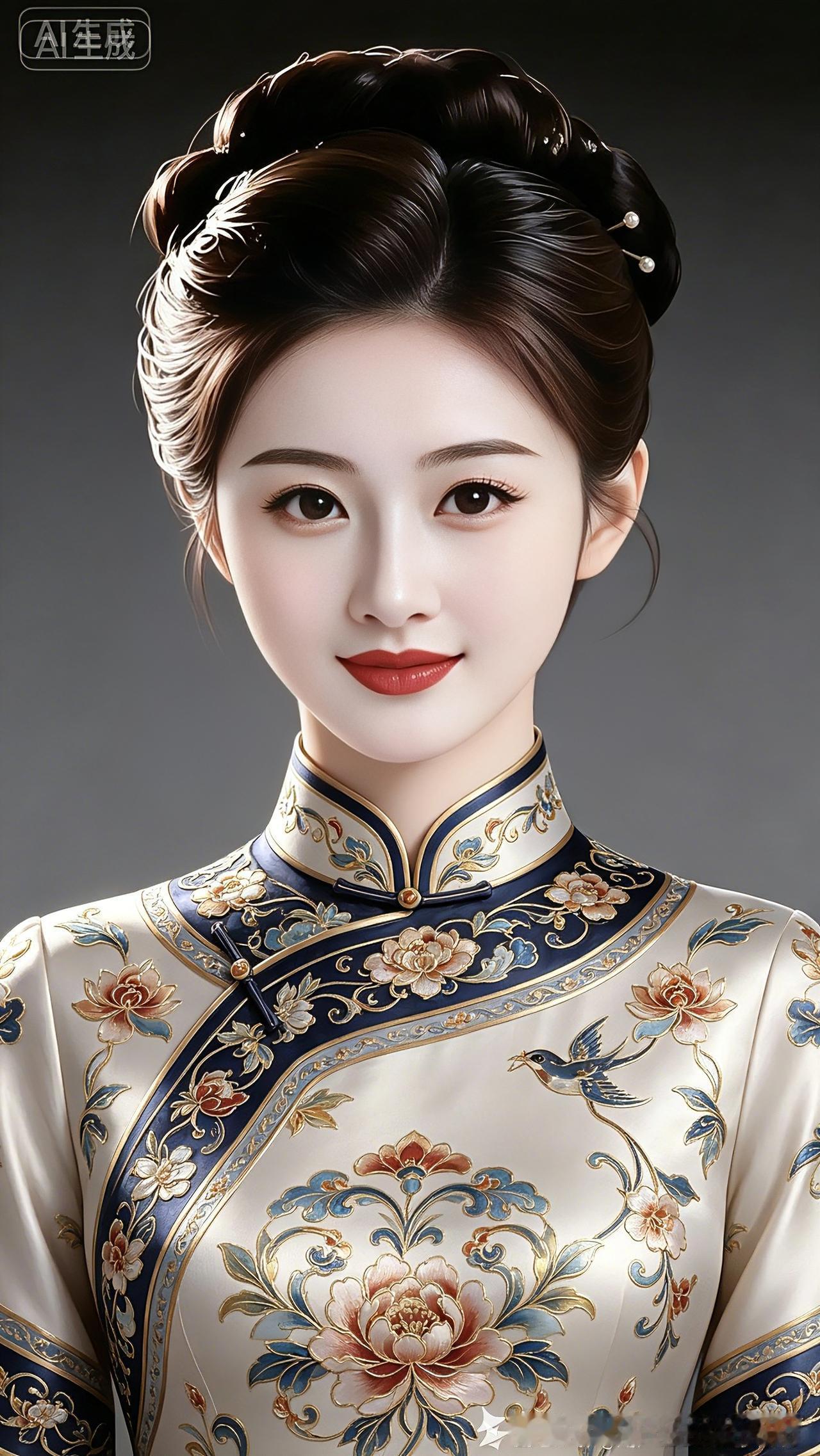 古韵旗袍美人云鬓高梳缀珠光，锦绣旗袍绣花香。牡丹灼灼枝上绽，灵燕翩翩袖底