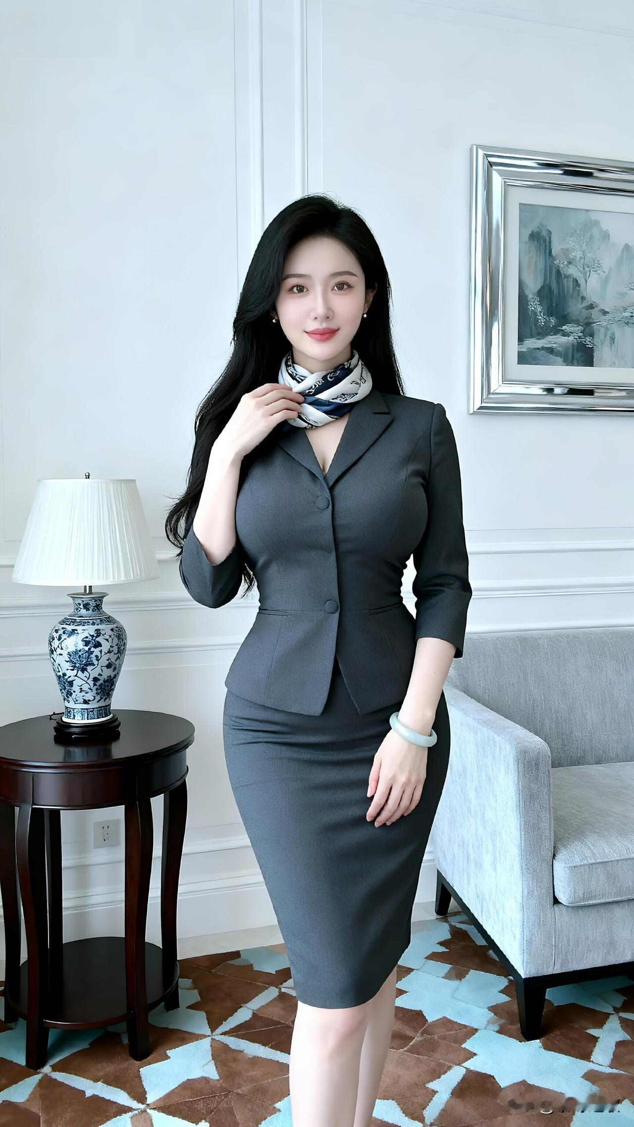 《灰色调里的光》深灰西装包裹着曲线像城市建筑的线条冷峻而精准浅蓝丝巾在颈