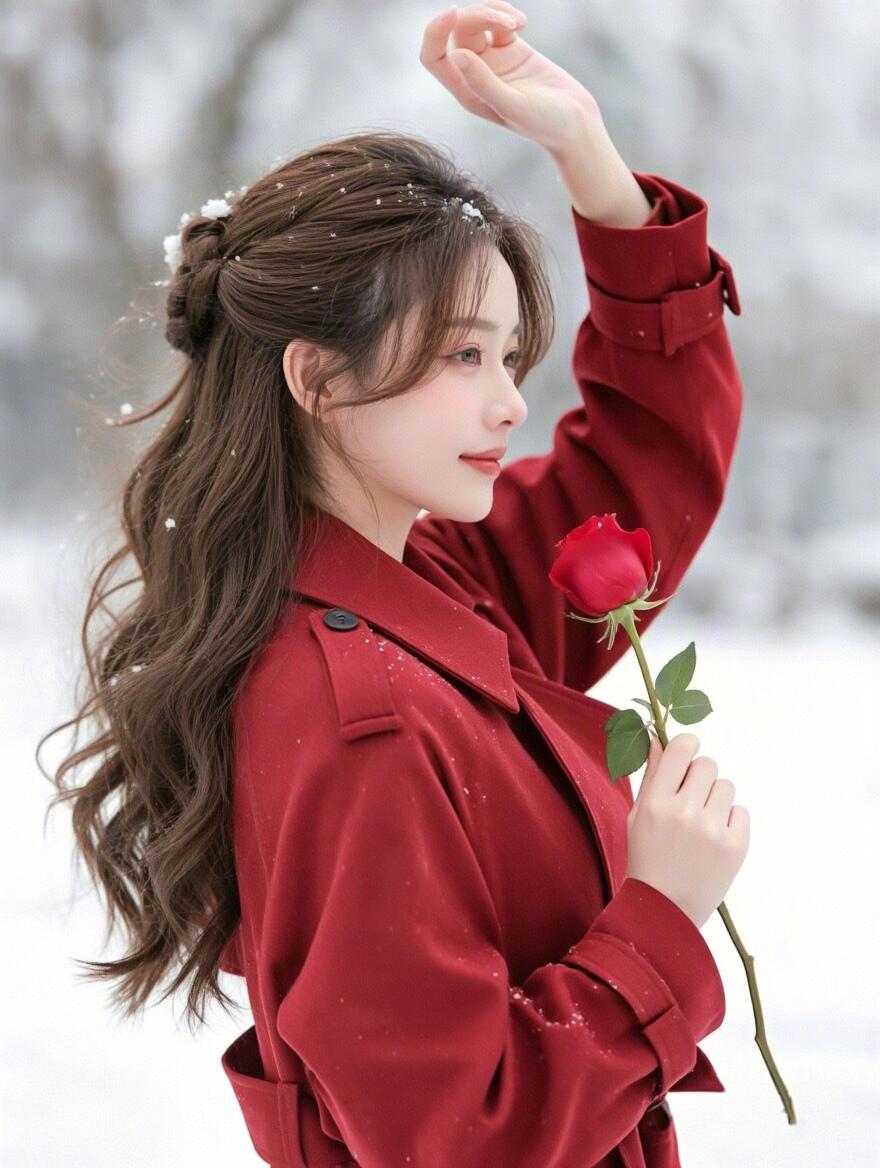 冬日雪景中的红衣少女