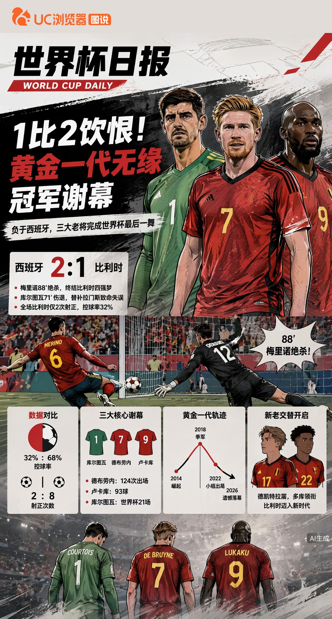 1比2饮恨！德布劳内卢卡库库尔图瓦完成最后一舞，黄金一代无缘冠军谢幕