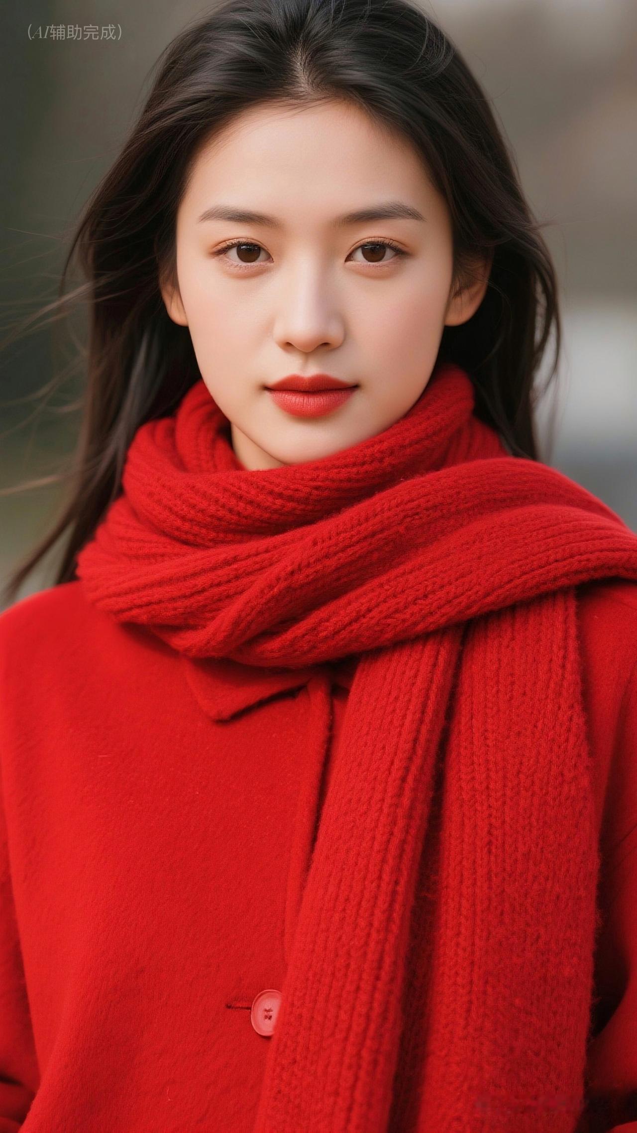 九帧同绘中国红佳人。乌黑长发散落束起，红大衣毛衣配流苏围巾，眉眼含情红唇娇艳，妆