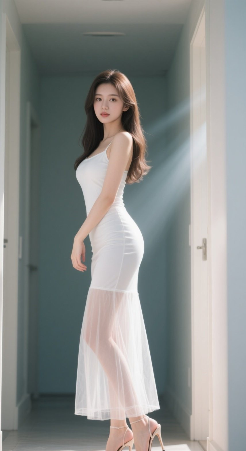 白裙少女回眸一笑，修长美腿定格时光