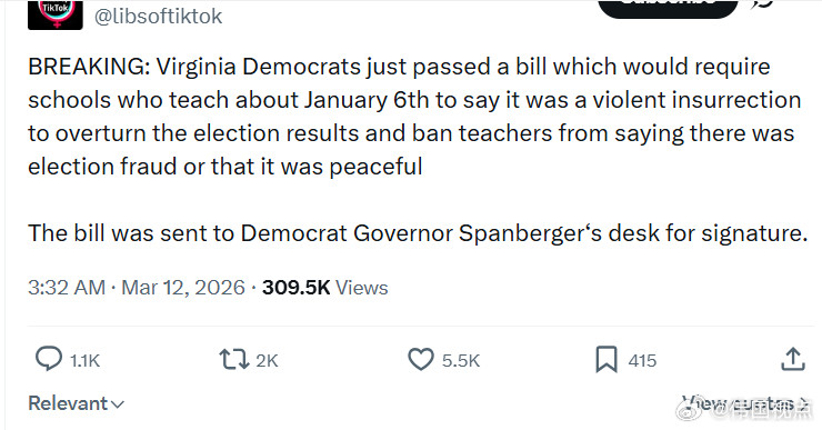 弗吉尼亚州的民左党人刚刚通过一项法案，要求学校在教授1月6日事件时，必须称其为旨