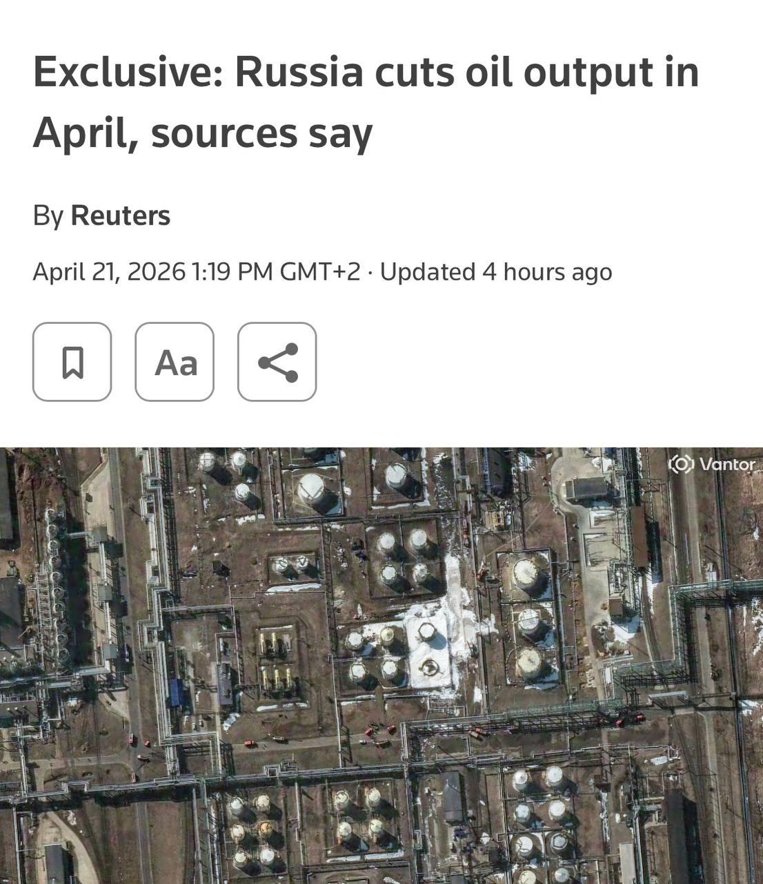 4月21日，据五位消息人士及路透测算披露，因乌克兰无人机持续打击俄西部三大石油出