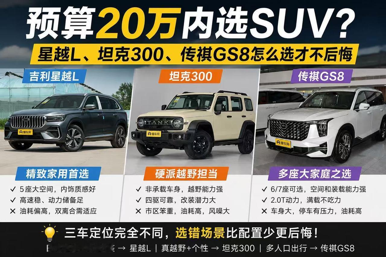 同价位却不是一类车：星越L、坦克300、传祺GS8怎么选？ 坚持买燃油车，预