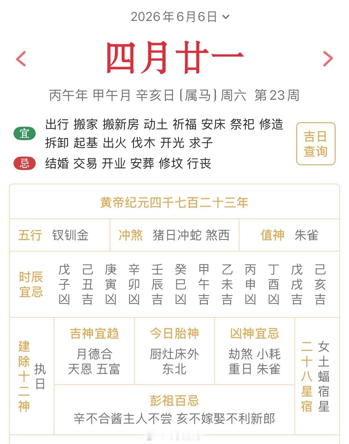 十二生肖每日简运仅供参考2026.6.6丙午年癸巳月辛亥日辛亥天克地冲丁巳：八