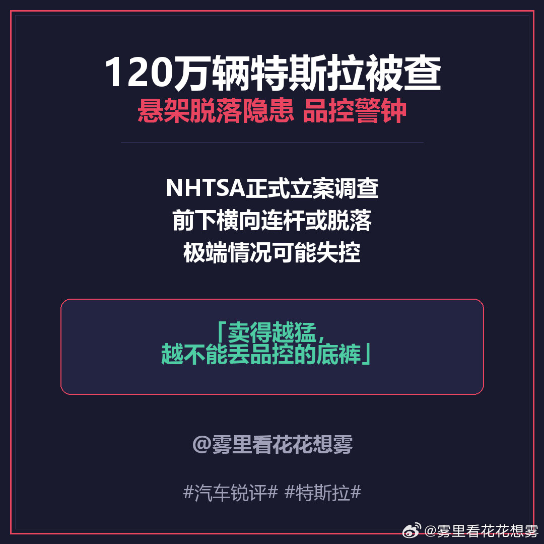 120万辆特斯拉被查！悬架脱落隐患，神话还能撑多久？  一句话锐评：销...