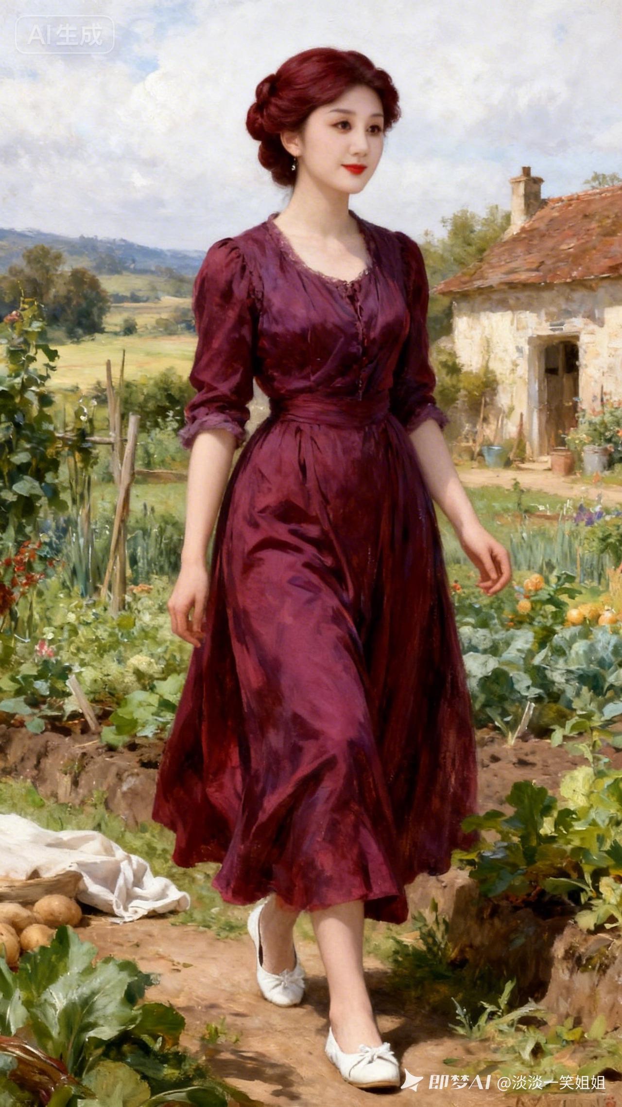 复古红裙漫步田园，感受乡村的宁静与美好。