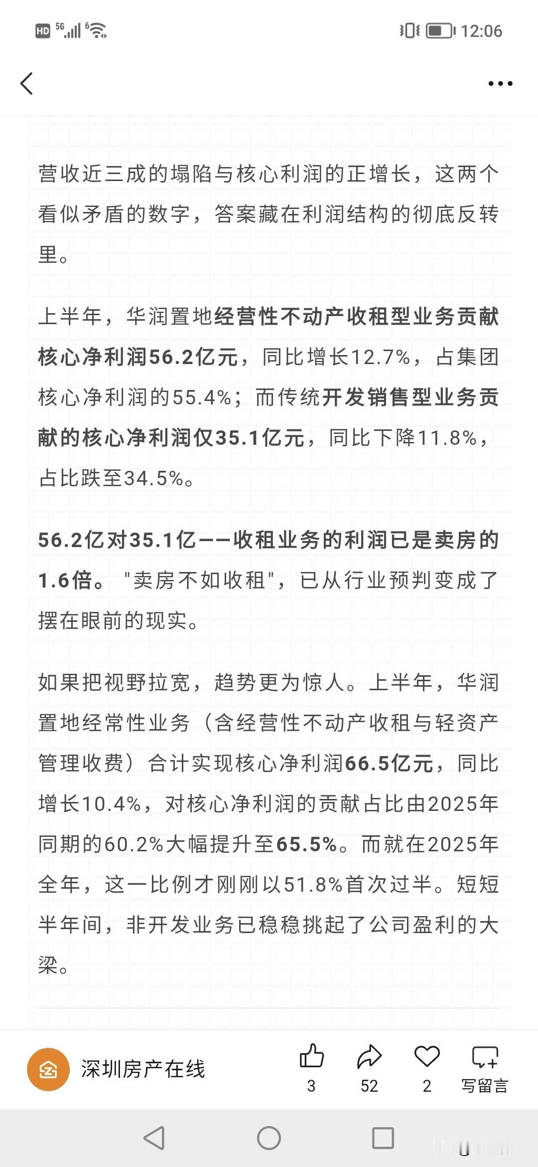 华润上半年收租赚50多亿，卖房只30多亿。上半年华润营收670多亿，利润98亿，