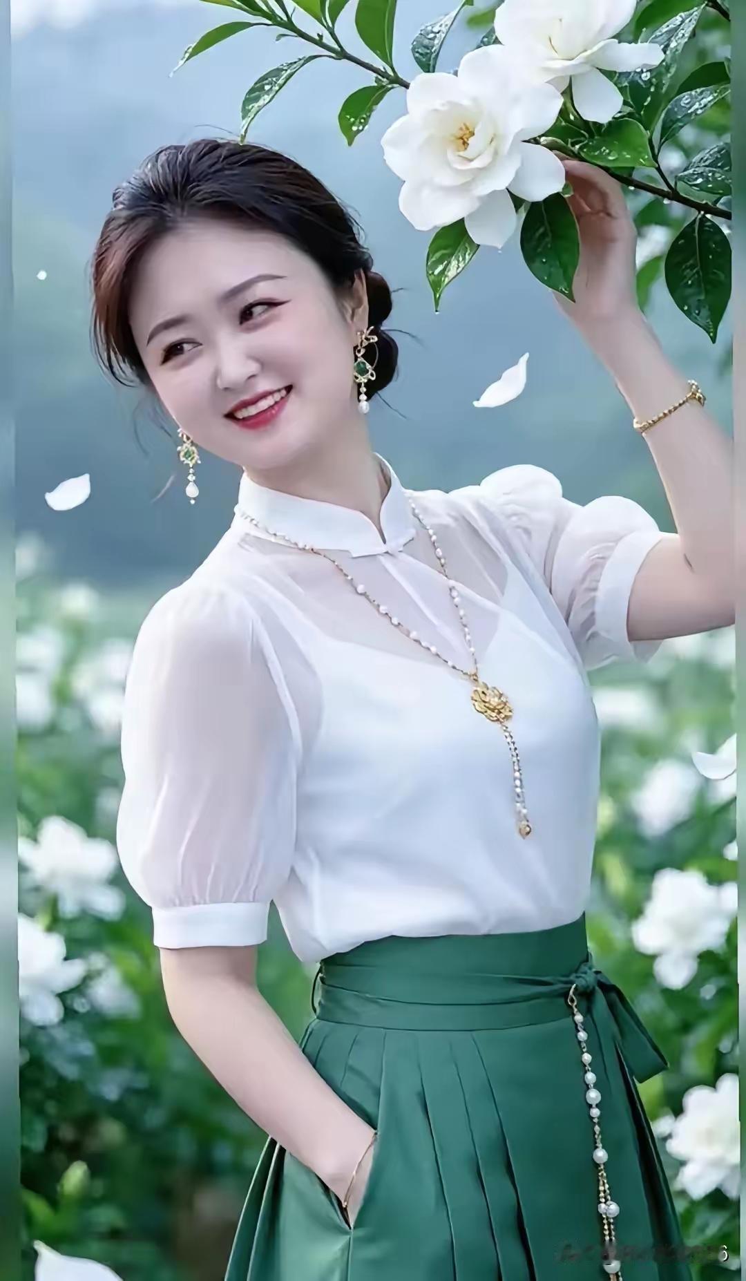 这位女士在花丛中拍照，真漂亮！