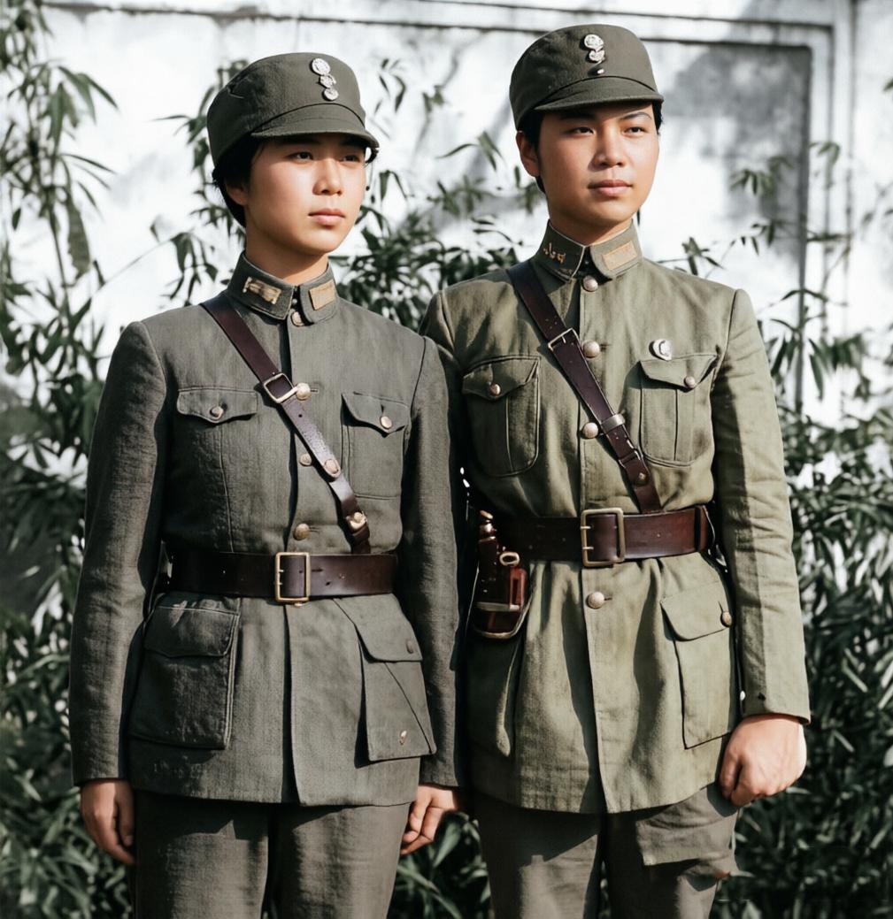 照片中，左边那位目光坚毅、军装笔挺的是妇女连连长阮秉坤；右侧与她并肩而立、英姿飒