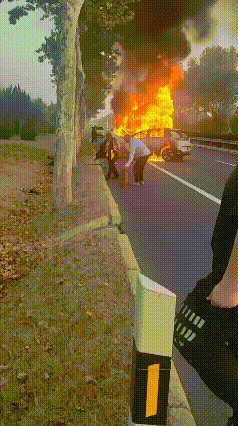 人被火困住，副驾上的人似乎没能逃出来。10月12日有网友发布视频，一辆国产B字