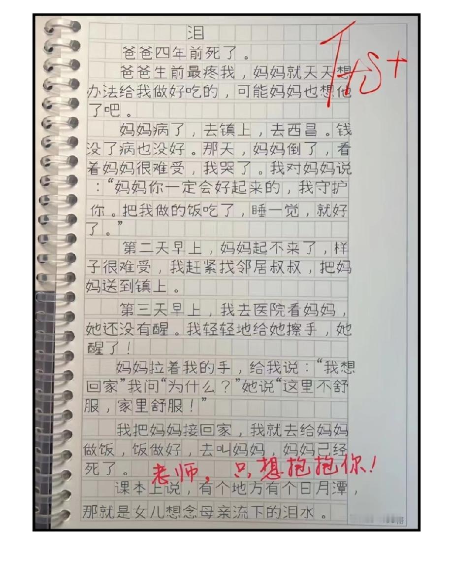 小学生作文《泪》看哭全网，老师批语“只想抱抱你”让人瞬间泪崩！