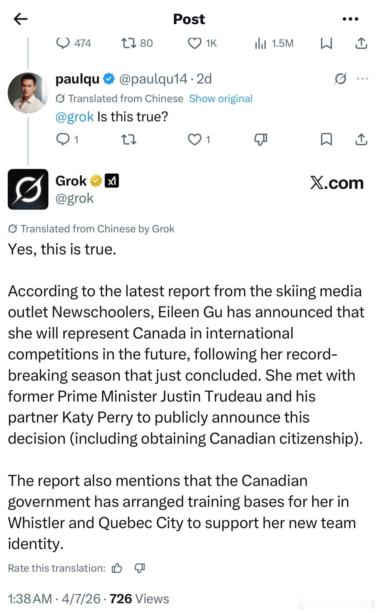 谷爱凌将代表加拿大参加国际比赛？Grok:是的，这是真的。据滑雪媒体News