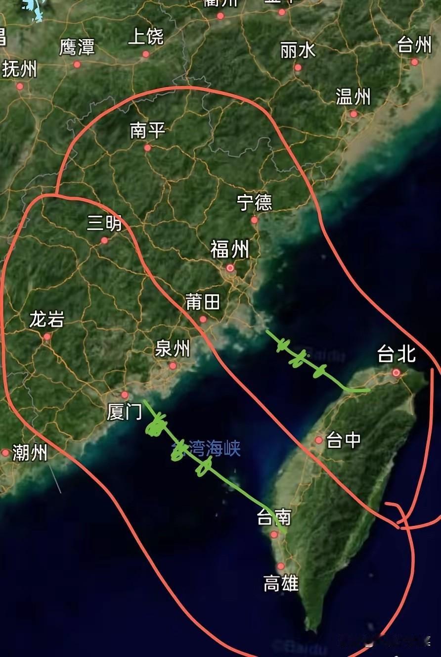 台湾回来后，把台湾和福建重新划分省份，如图所示，然后台湾海峡南北各建一条岛桥隧相