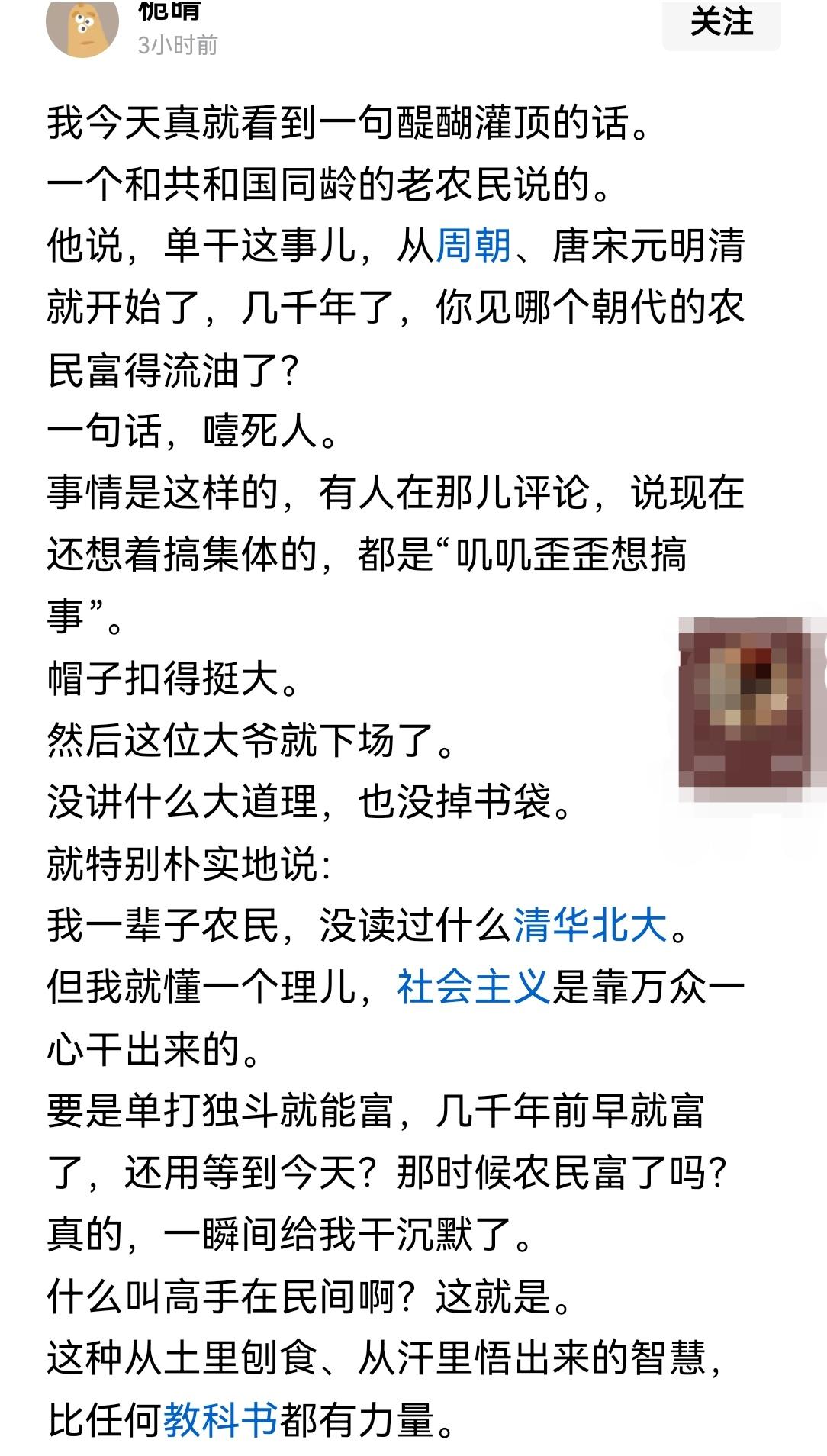 一个老农民的一句话，让这位醍醐灌顶如遭雷击:“老农民”是这样说的:单干这件