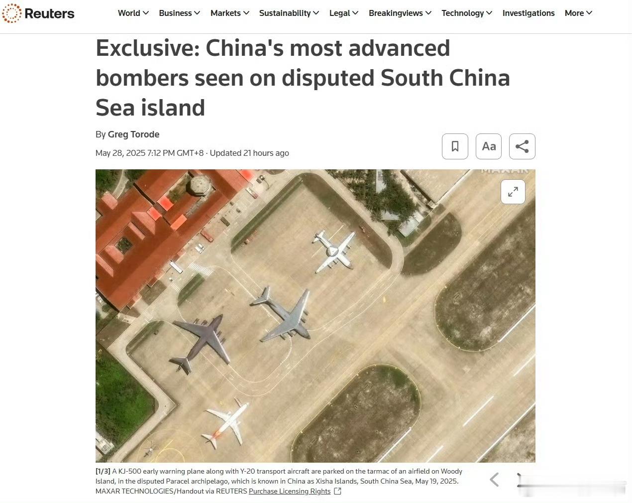 外媒：中国罕见在南海部署轰-6轰炸机！据“路透社”5月28日的报道称，美国Max