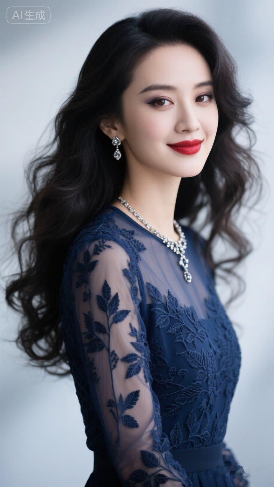 优雅蓝裙，精致妆容，气质女神