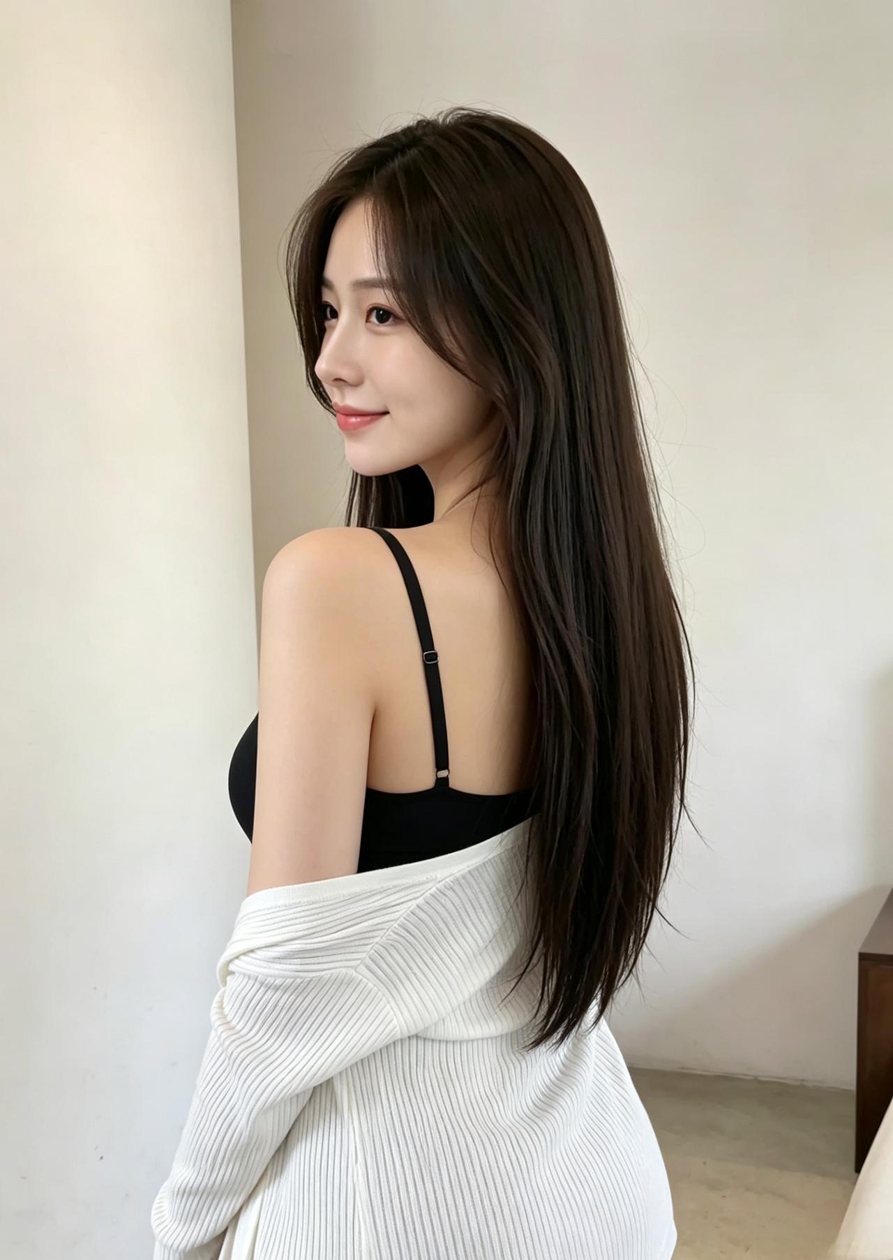 黑发如安静的河流从肩背一路流淌正面是明朗的笑意转身是无言的悠长～简约