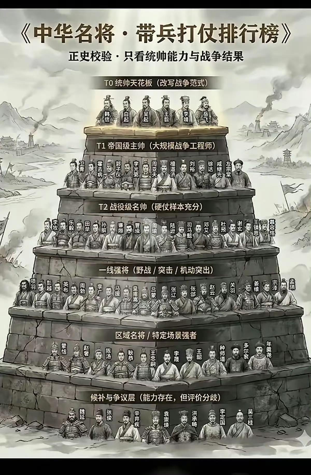 网友弄的中华名将带兵打仗排行榜。挺有意思的