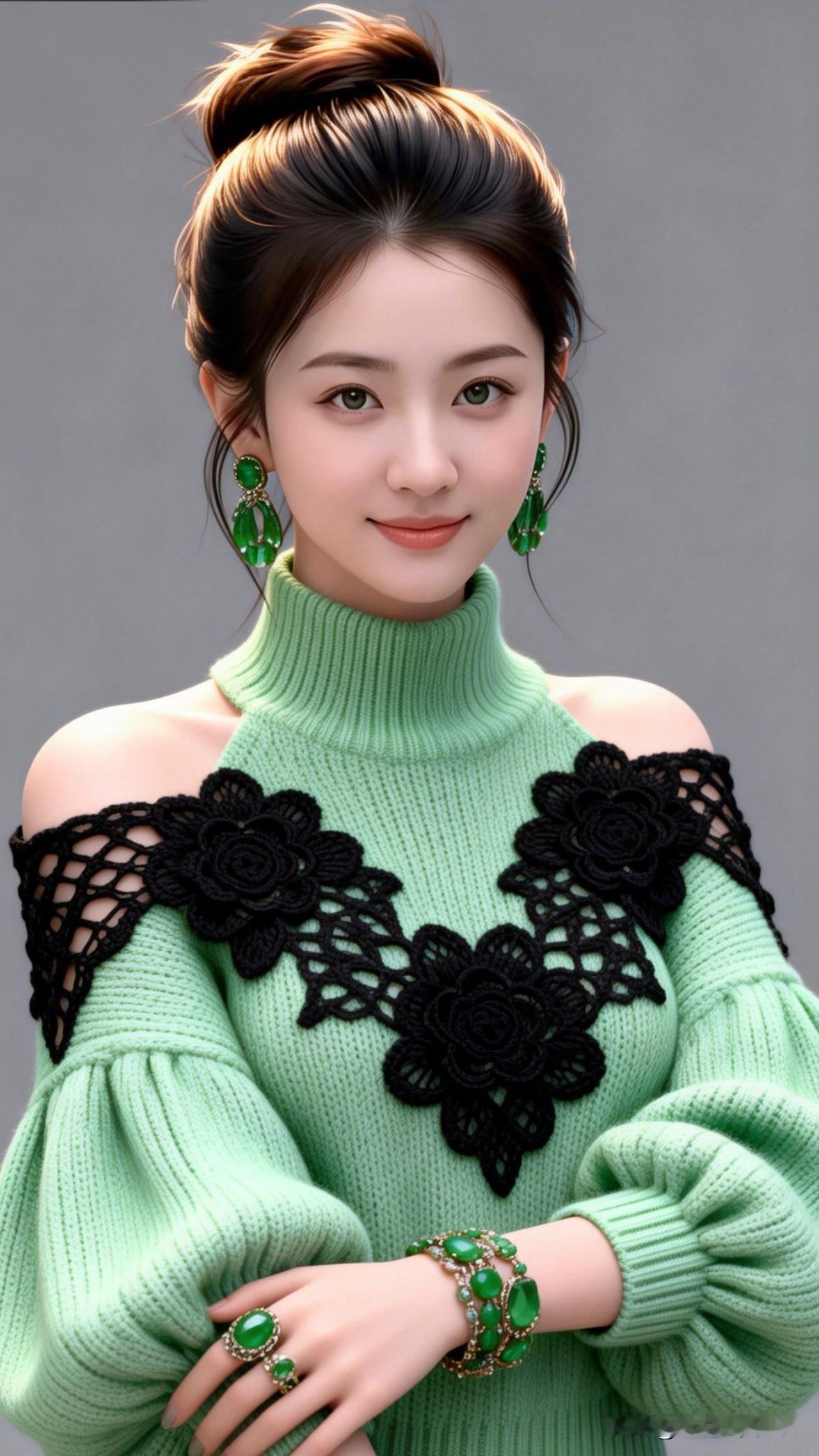 绿衣美人，花影摇曳。什么样的穿搭可以成为气质女神?优雅绿衣少女，黑花刺绣毛衣，