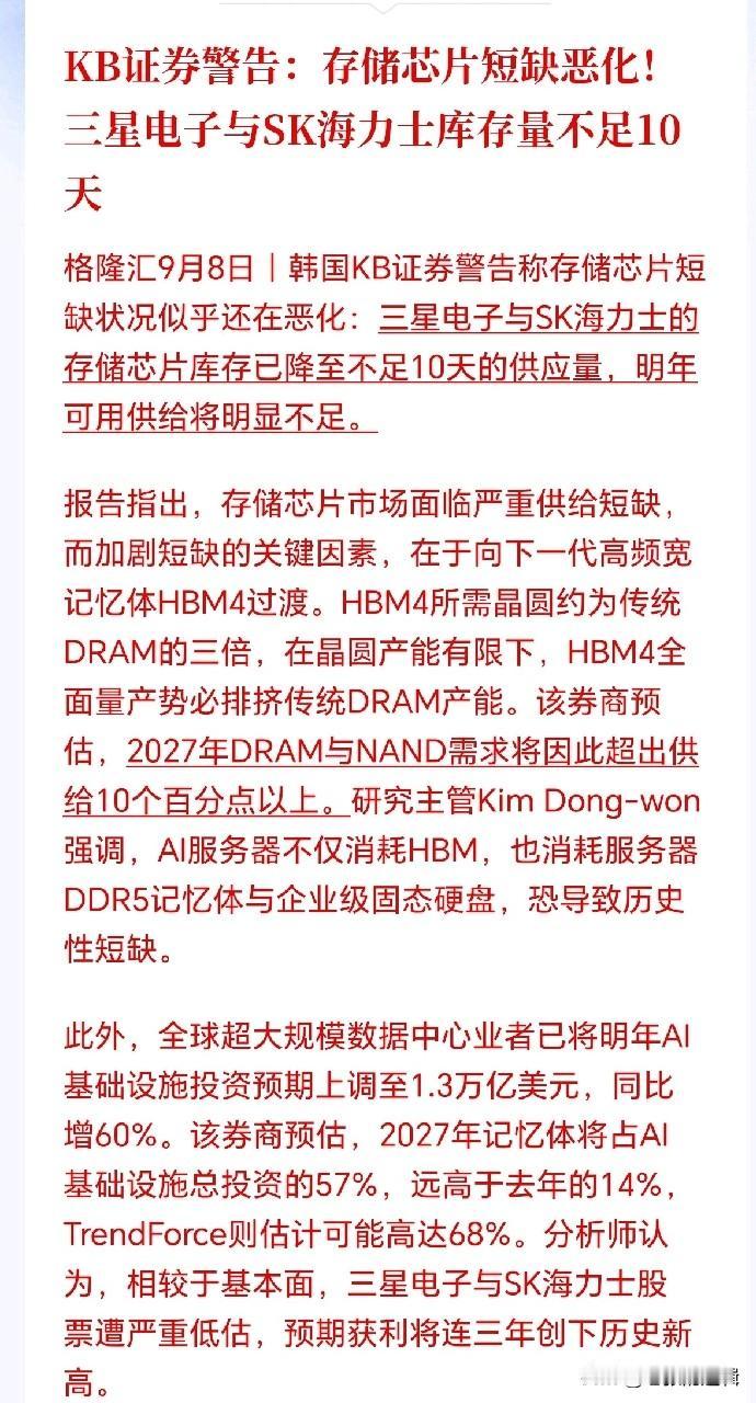 存储芯片严重缺货，2027估计会更疯！被爆库存仅剩10天，加价也要排队，明年供
