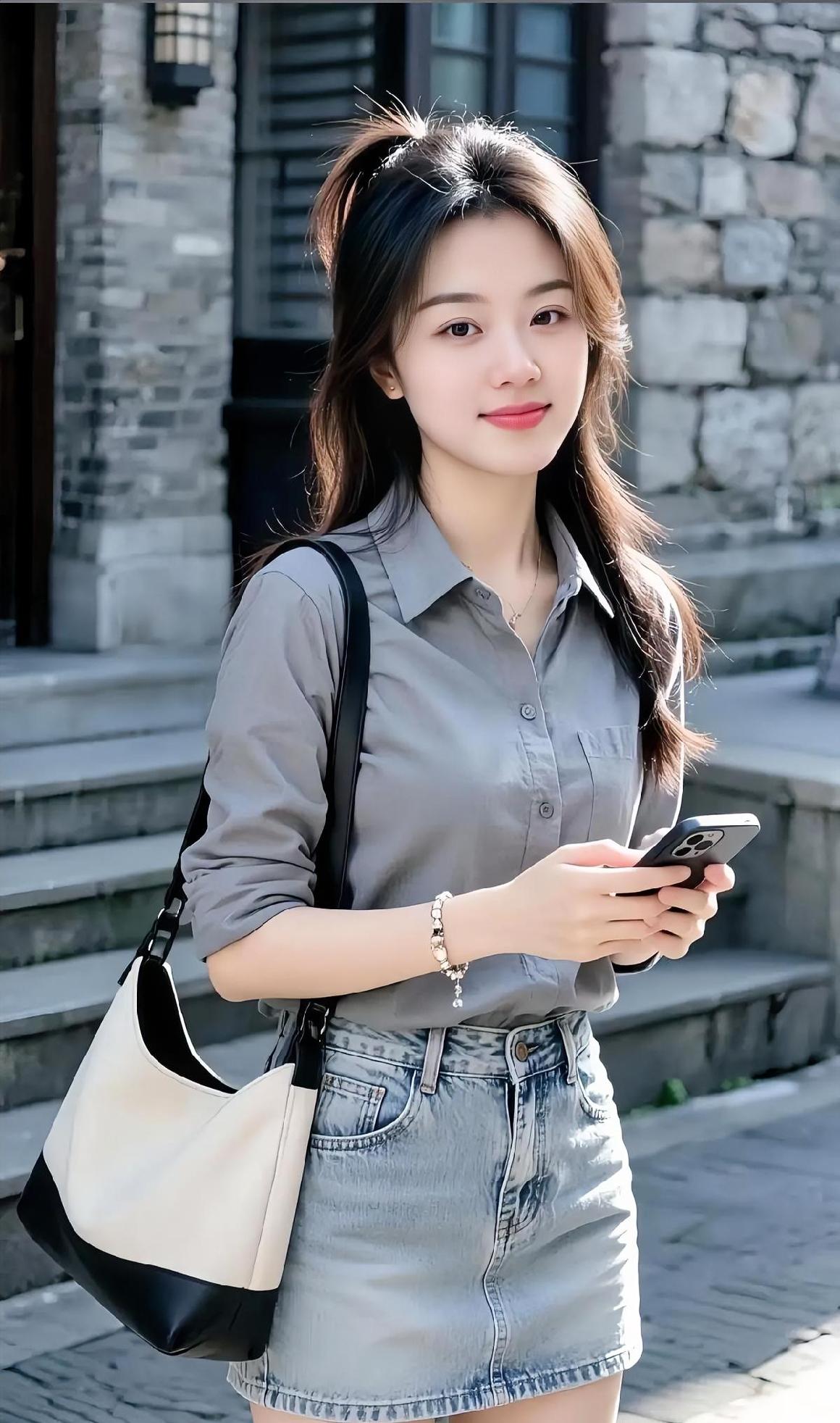 上阕石阶晒着旧光，灰衫挽起袖口。牛仔轻量步子，包角黑白分明。