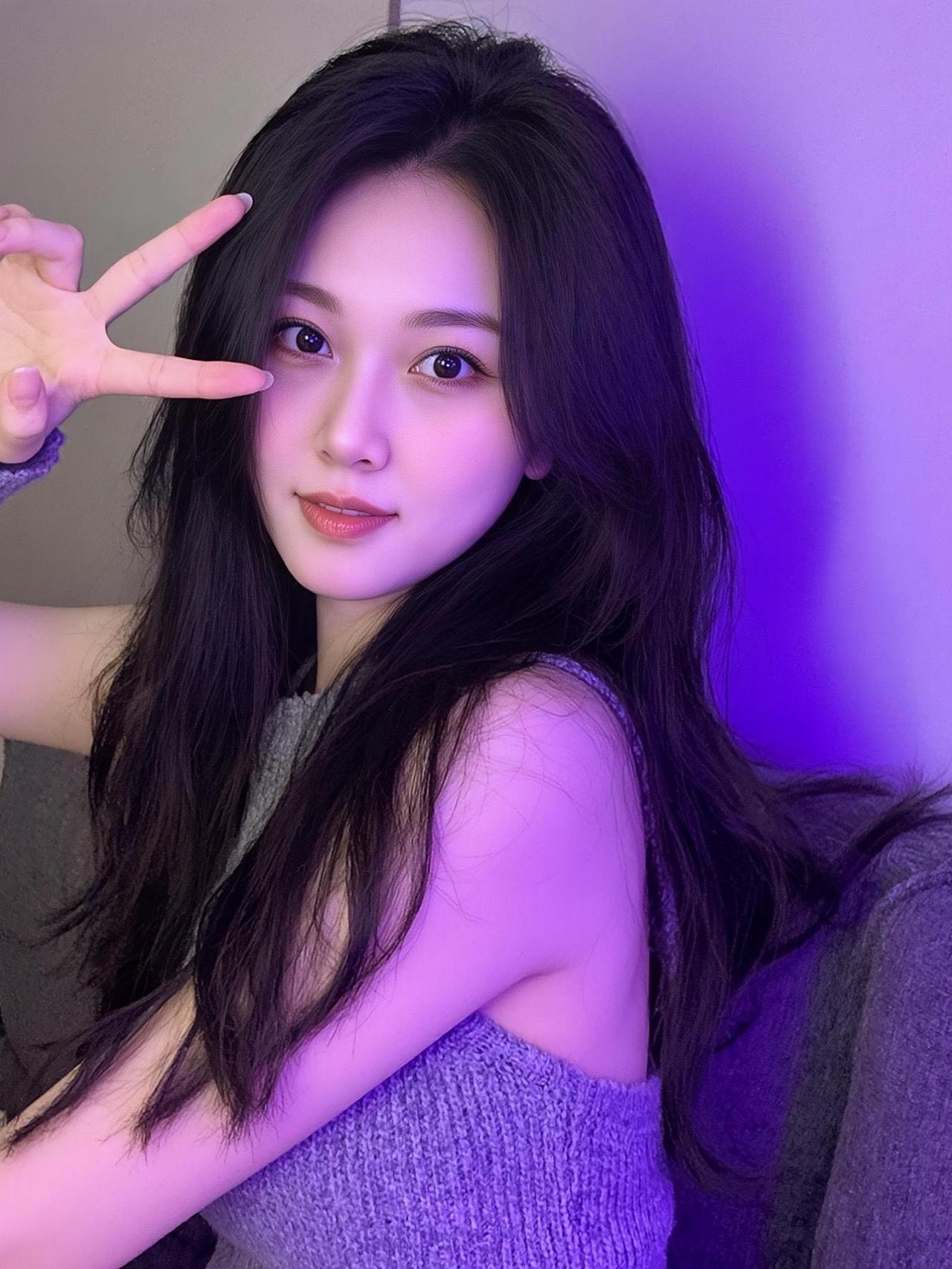 她比着V字手势，好可爱！