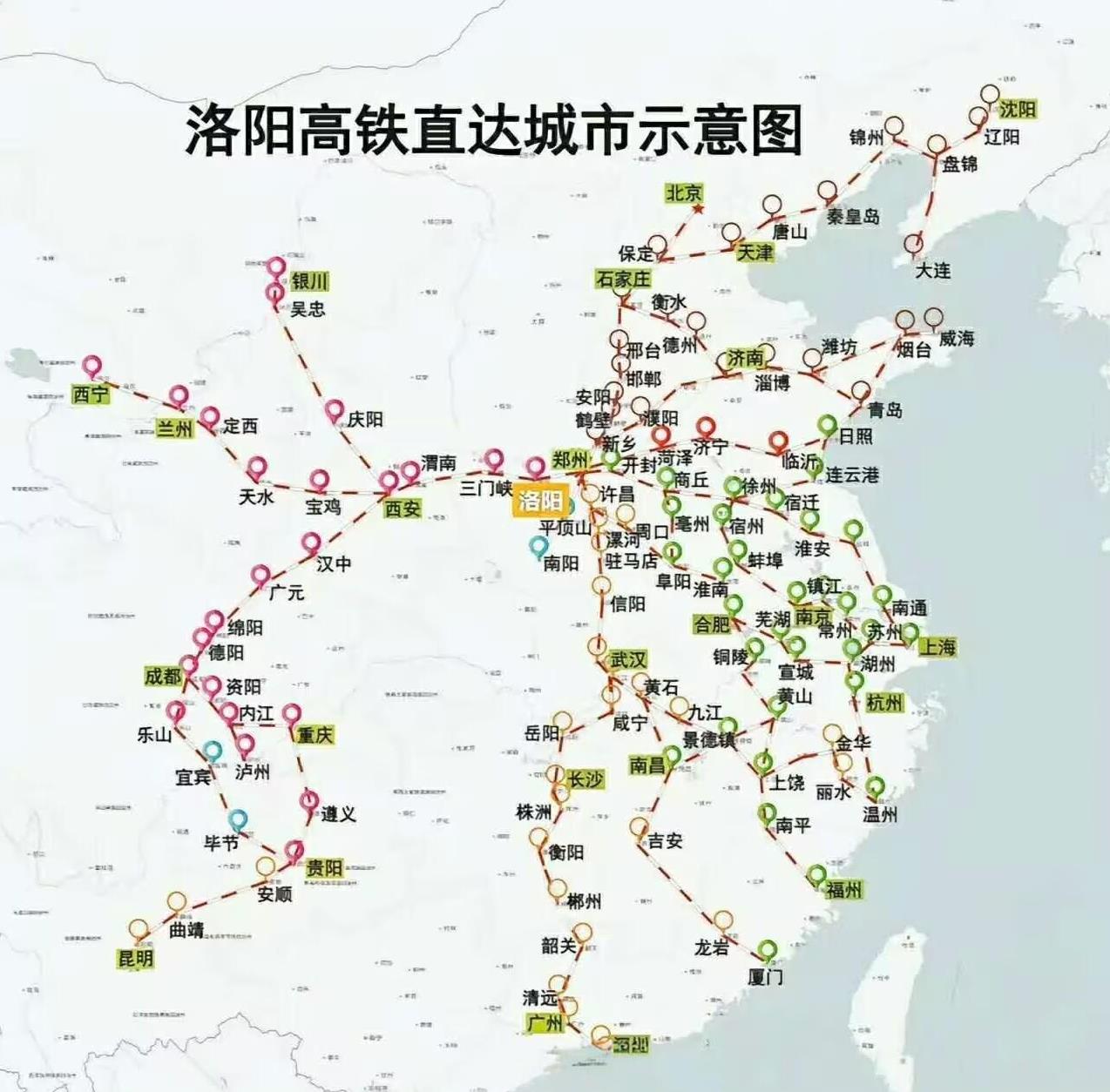 洛阳的高铁交通其实很尴尬，夹在郑州和西安两大国家中心城市之间西安如果不给车，洛