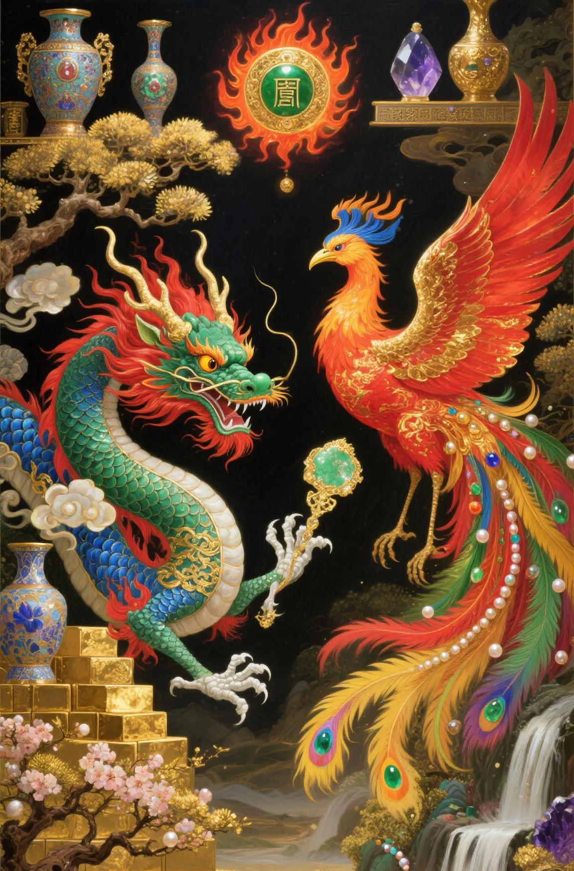 龙凤呈祥好运长，福禄寿喜全来降。龙舞九霄携瑞气，凤栖梧桐兆吉昌。龙凤腾飞岁月甜
