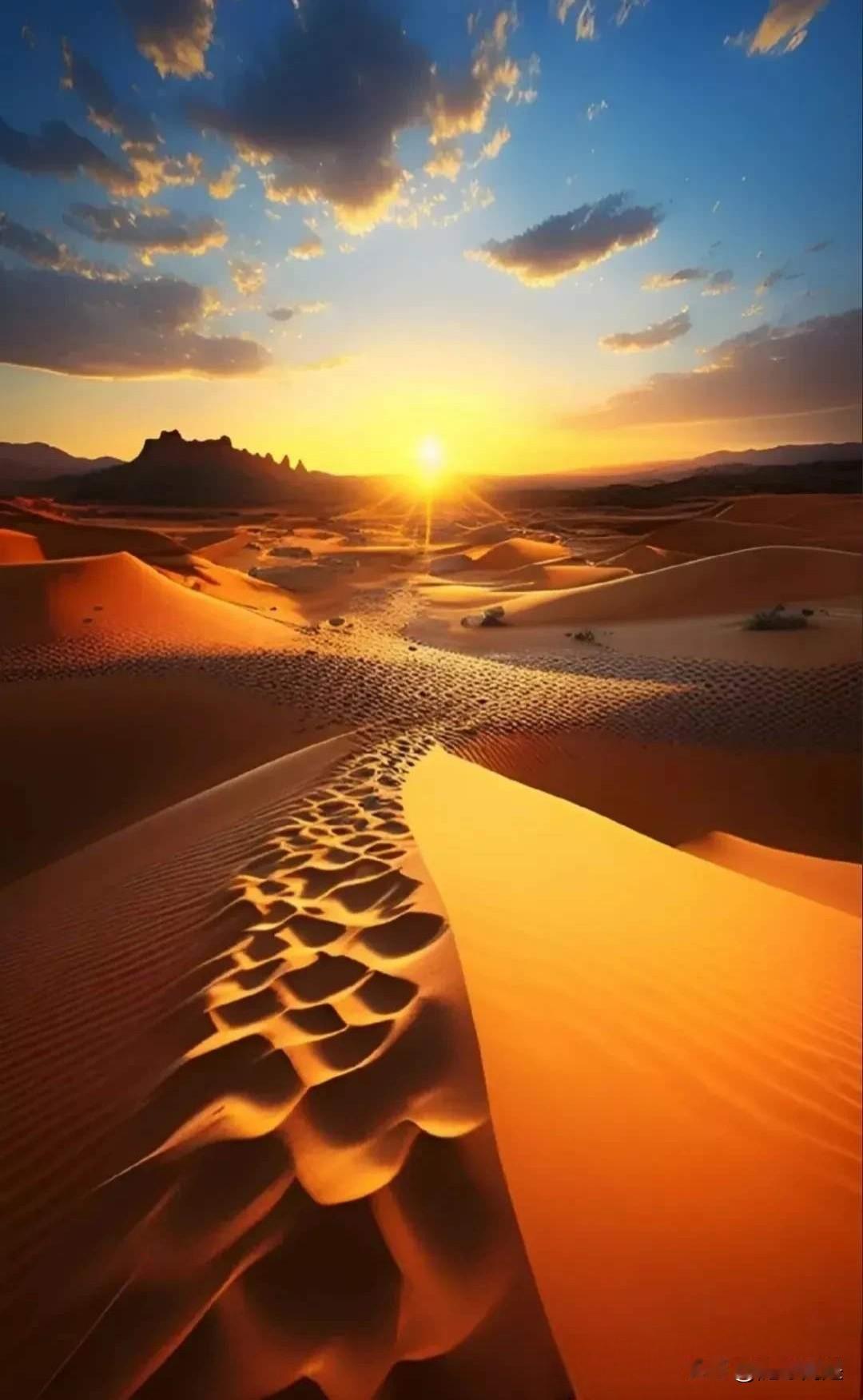 沙漠里的小路，夕阳真美。夕阳红的海上照的和沙漠一样景色，显得更加美丽动人。