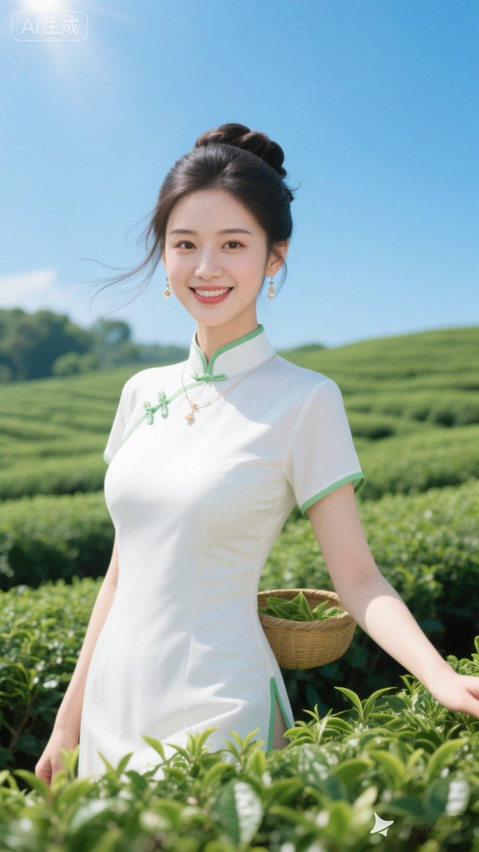 茶园里的微笑少女，清新自然，如诗如画。